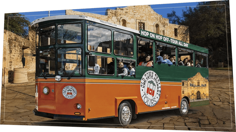 San Antonio trolley in front of the Alamo