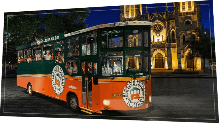 San Antonio City Lights Night Tour trolley in front of San Fernando Cathedral