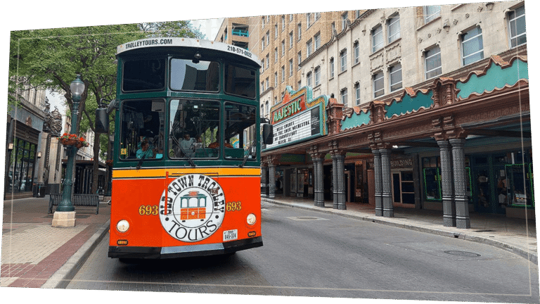 San Antonio trolley driving past the Majestic Theatre